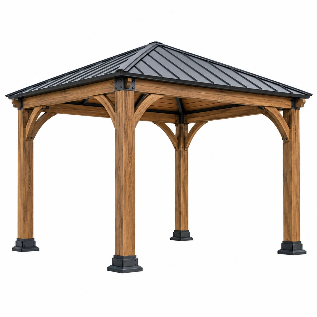 Pavillon de jardin 300 x 300 cm en bois brun avec toit métallique noir