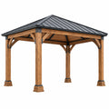 Tonnelle de jardin 300 x 300 cm en bois marron avec toit métallique noir