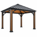 Pavillon de jardin 300 x 300 x 270 cm en métal noir et brun à toit rigide