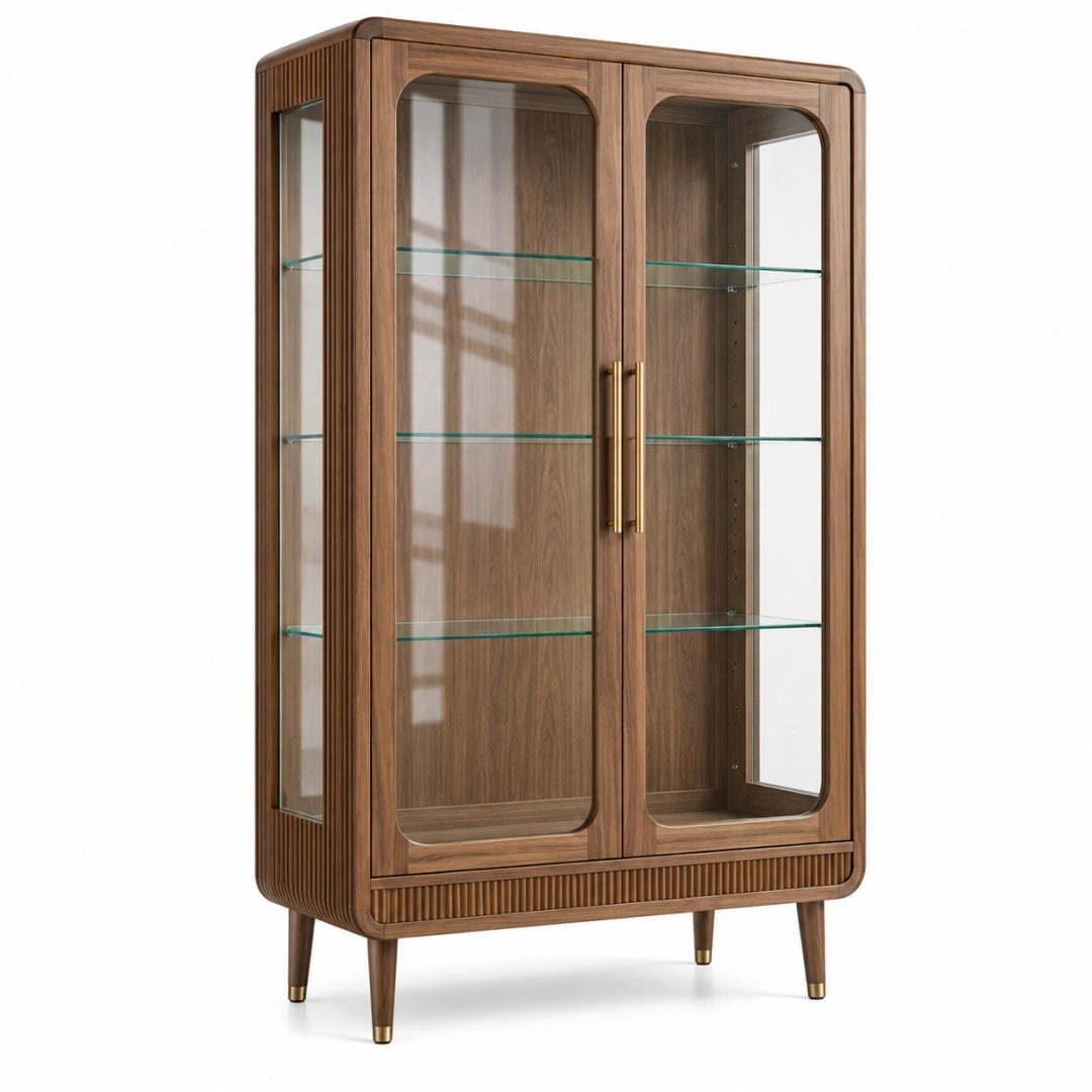 Vitrine 90 x 42 x 180 cm en bois brun avec portes vitrées style rétro