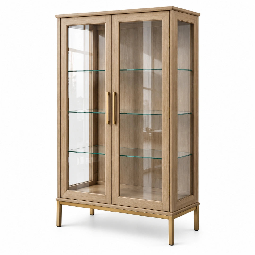 Vitrine 90 x 40 x 180 cm en bois beige et verre style contemporain