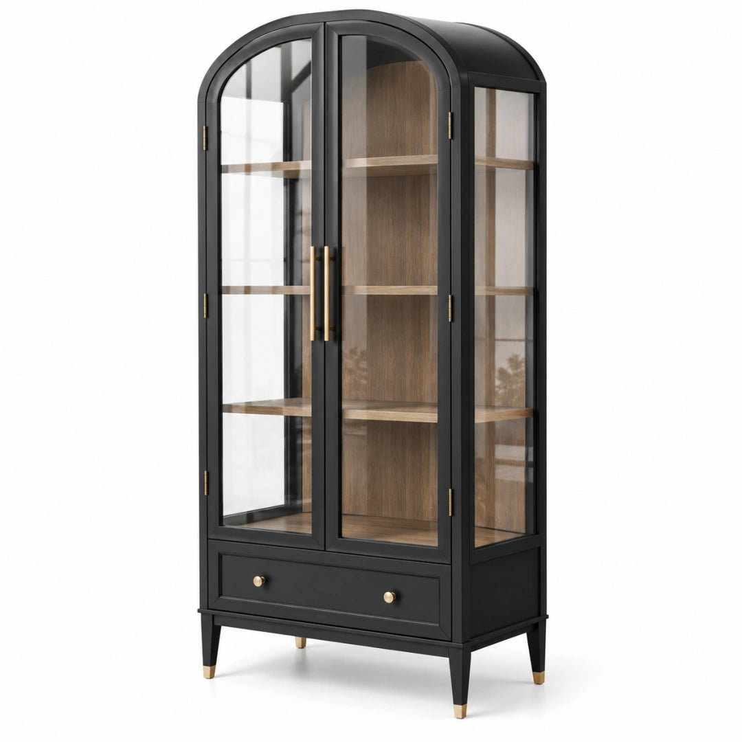 Vitrine 90 x 45 x 190 cm en bois et verre noir style contemporain avec tiroir