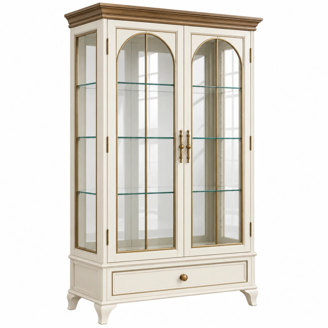 Vitrine 100 x 45 x 190 cm en bois blanc et verre style classique avec 2 portes
