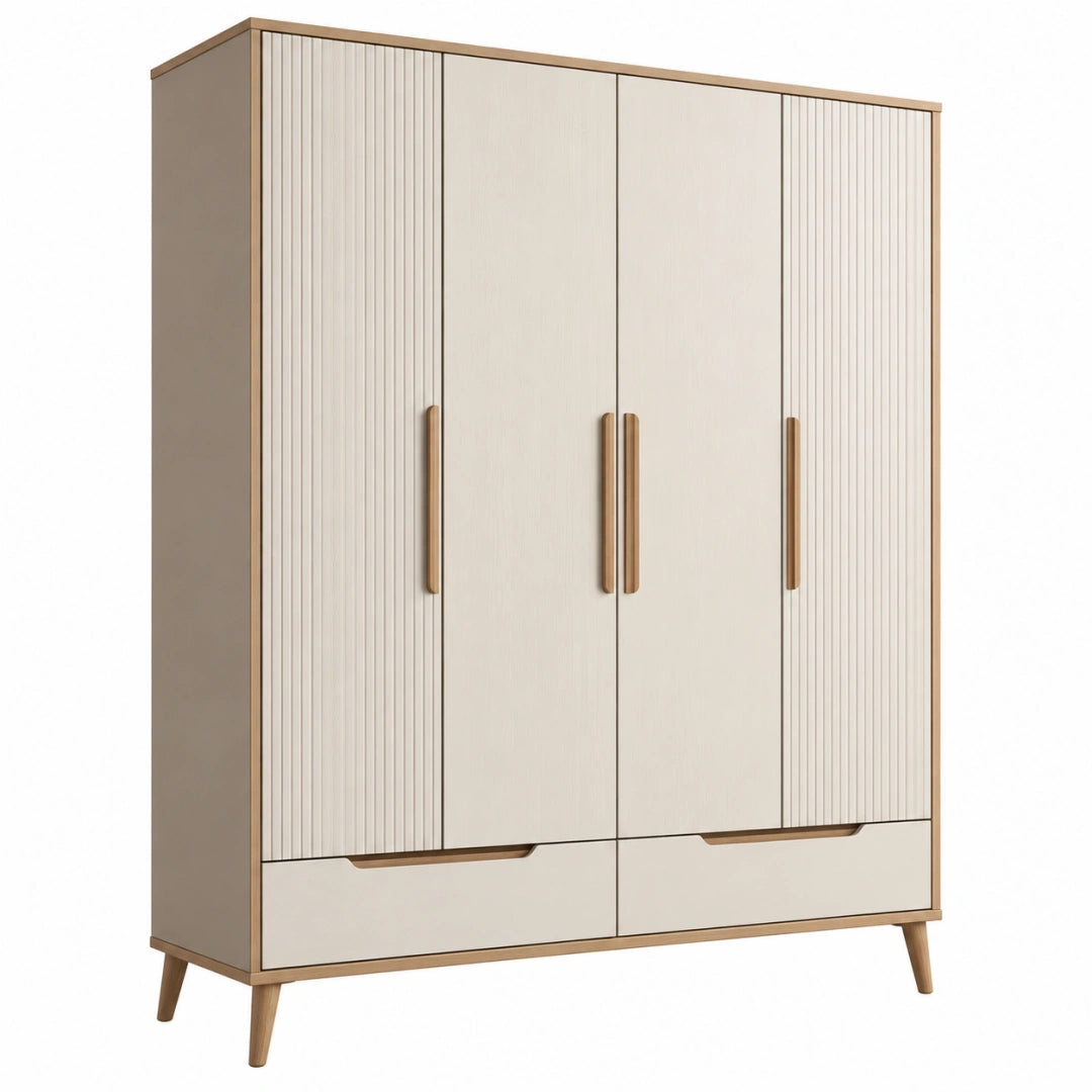 Armoire 4 portes 2 tiroirs 160 x 55 x 190 cm beige effet bois rangement style scandinave