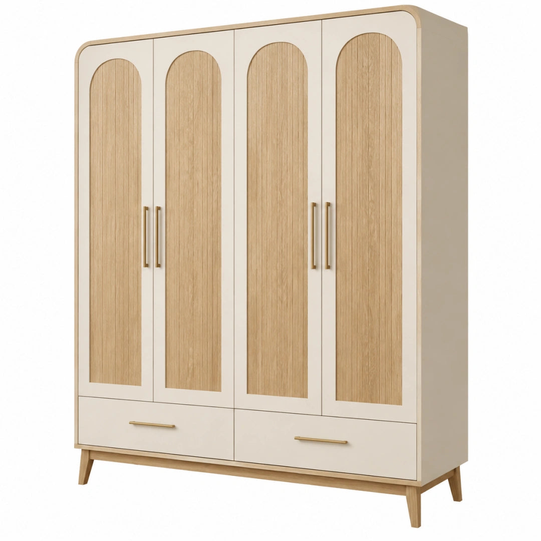 Armoire de rangement 180 x 55 x 200 cm beige et chêne clair à 4 portes avec tiroirs