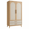 Armoire de rangement 90 x 50 x 180 cm en bois beige avec panneaux textiles et 2 tiroirs