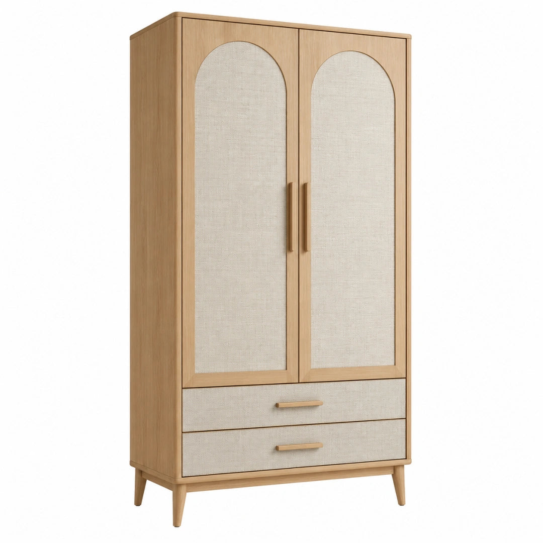 Armoire de rangement 90 x 50 x 180 cm en bois beige avec panneaux textiles et 2 tiroirs