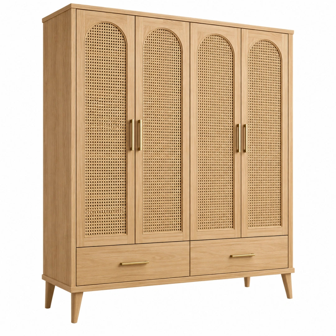 Armoire 180 x 55 x 200 cm en bois naturel et cannage - rangement style bohème