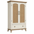 Armoire 100 x 55 x 190 cm en bois ivoire et cannage naturel style campagne avec 2 portes et tiroir