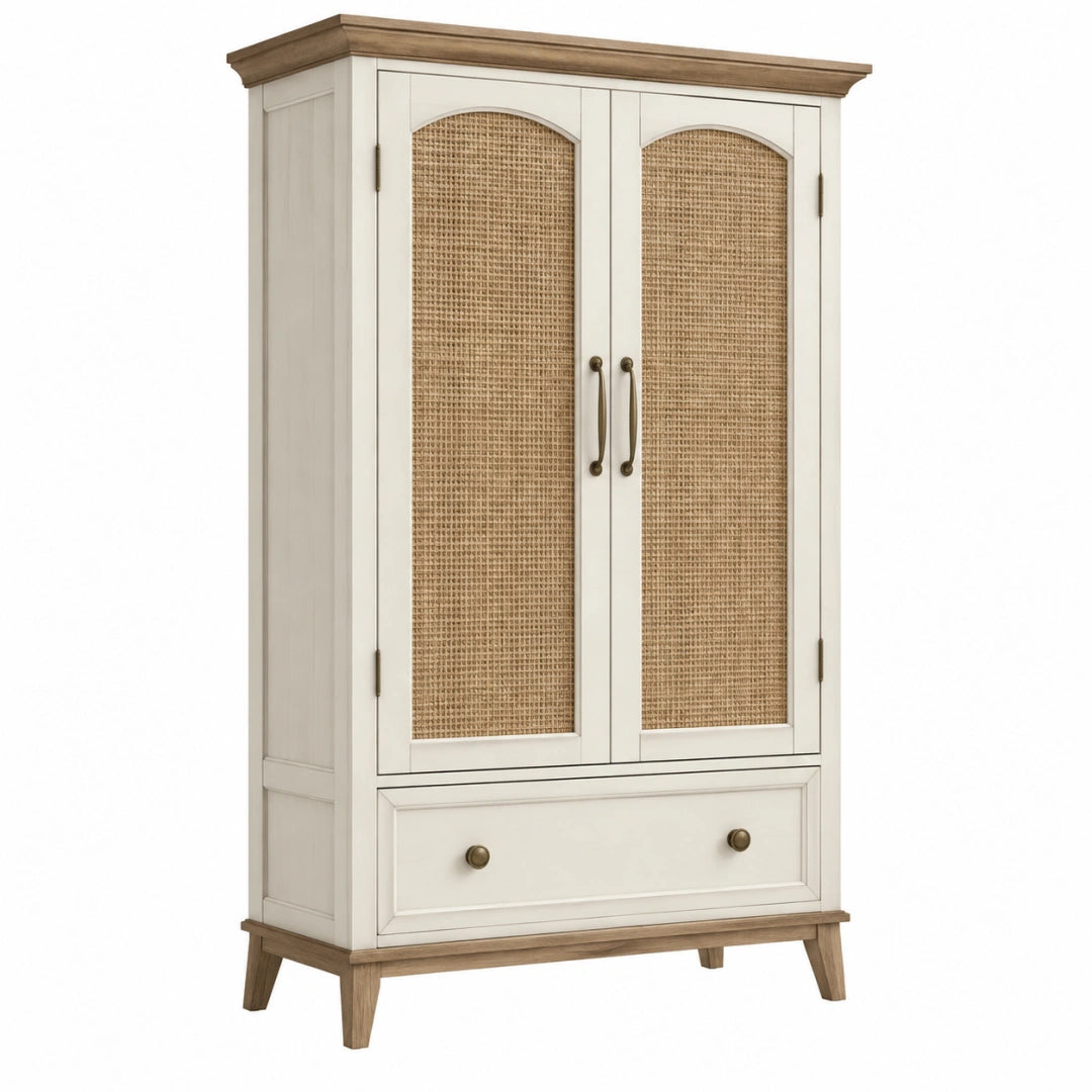 Armoire 100 x 55 x 190 cm en bois ivoire et cannage naturel style campagne avec 2 portes et tiroir