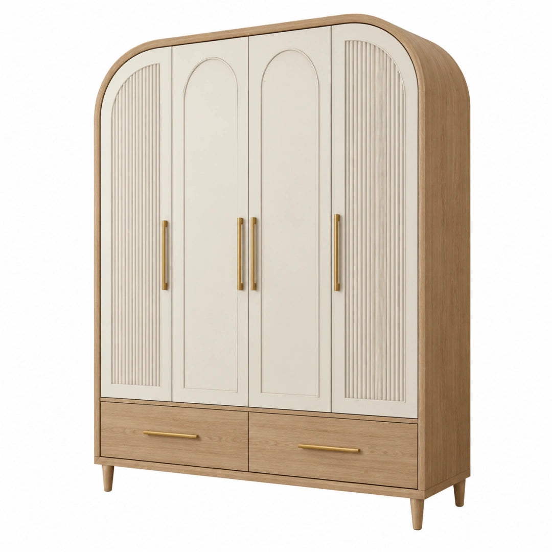 Armoire 160 x 55 x 200 cm en panneaux finition bois beige et naturel avec 4 portes et 2 tiroirs style contemporain