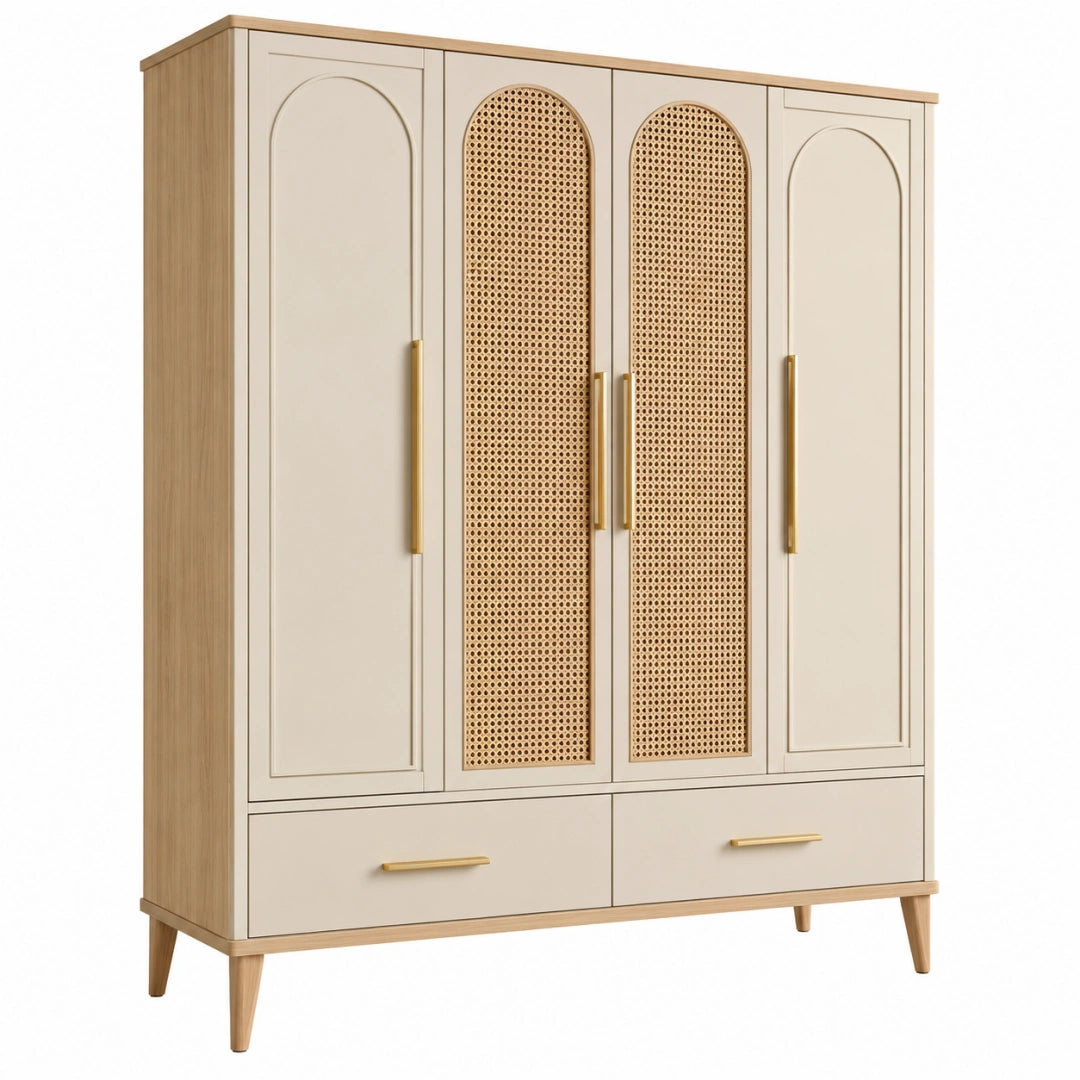 Armoire de rangement 160 x 55 x 190 cm en bois beige avec cannage style contemporain
