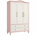 Armoire 150 x 55 x 200 cm en panneaux de bois rose et blanc à 3 portes avec tiroirs style classique