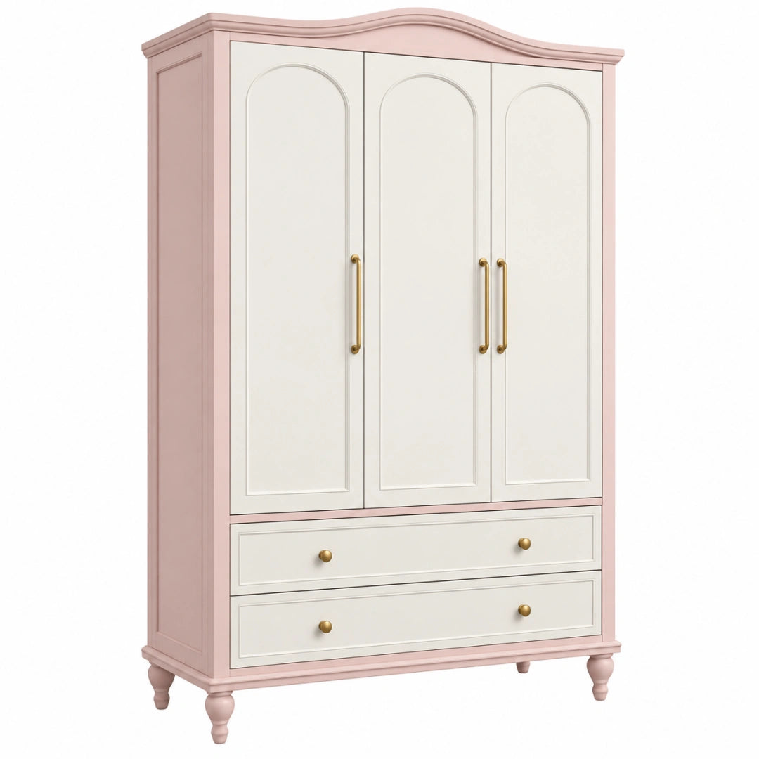Armoire 150 x 55 x 200 cm en panneaux de bois rose et blanc à 3 portes avec tiroirs style classique