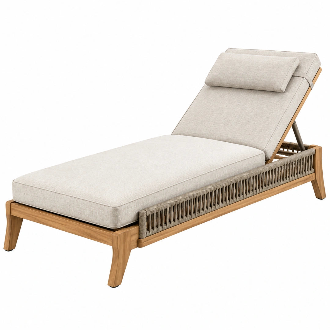Chaise longue d'extérieur 200 x 75 cm en bois et cordage beige avec dossier réglable