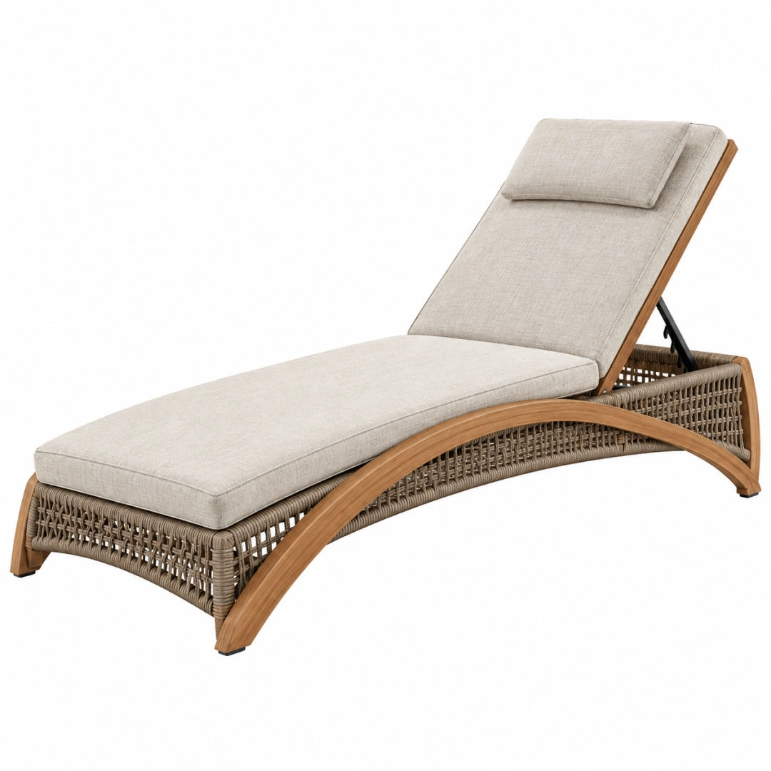 Chaise longue de jardin 200 x 70 x 88 cm en bois et résine tressée beige réglable