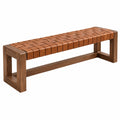 Banc 120 cm en bois brun avec assise tressée en cuir style contemporain