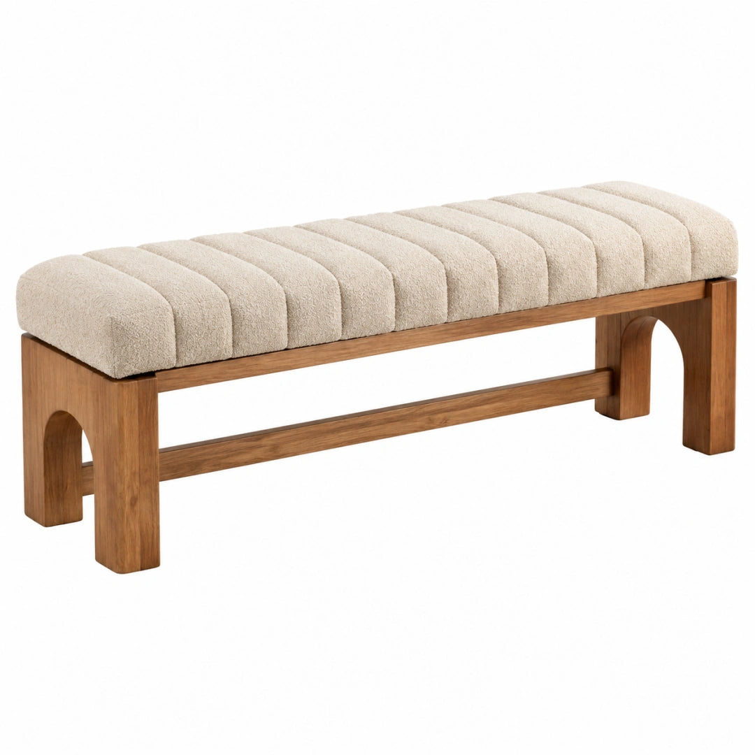 Banc 120 x 40 x 46 cm en bois brun et tissu bouclette beige - Assise rembourrée style contemporain