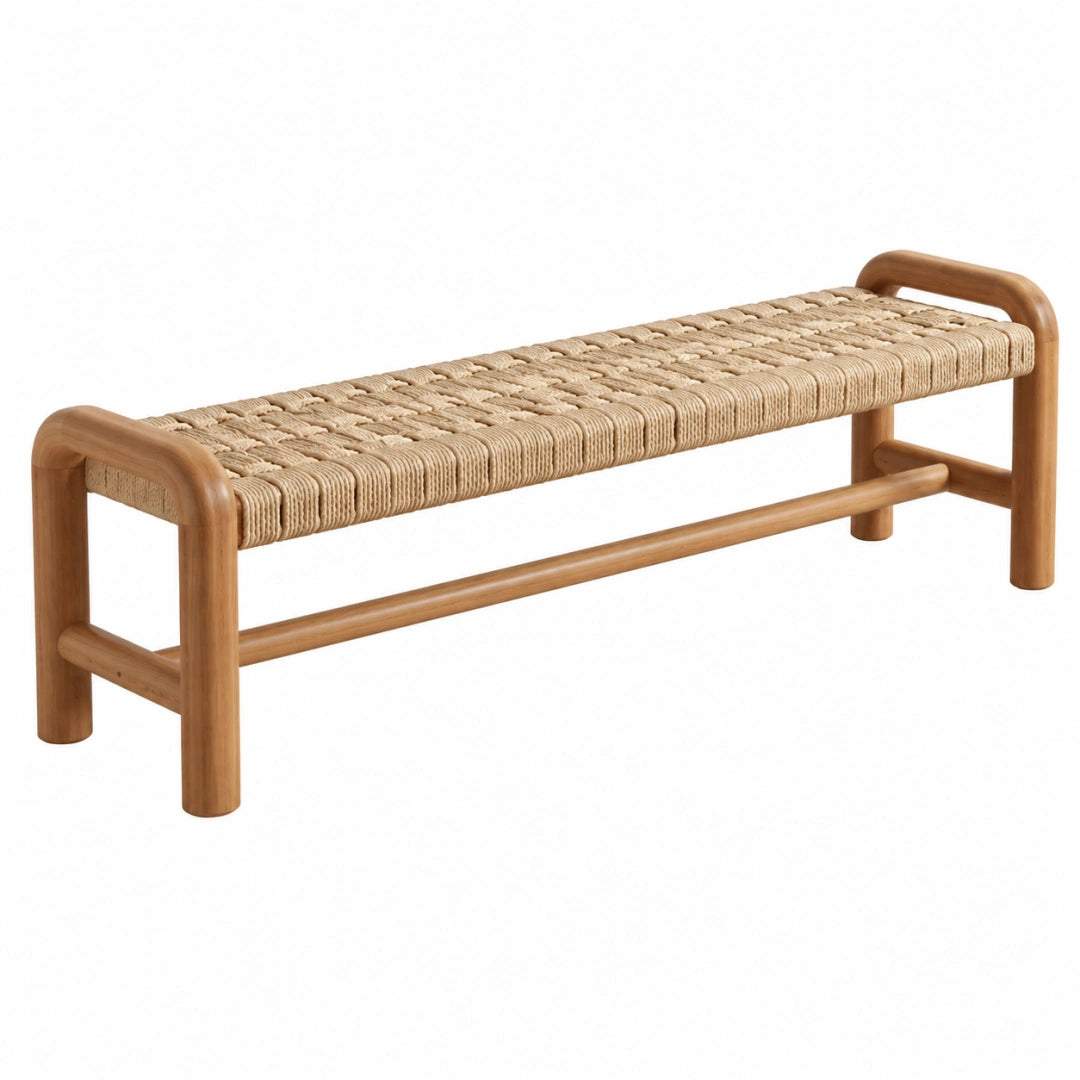 Banc 120 x 40 x 45 cm en bois et corde tressée naturel style bohème pour entrée