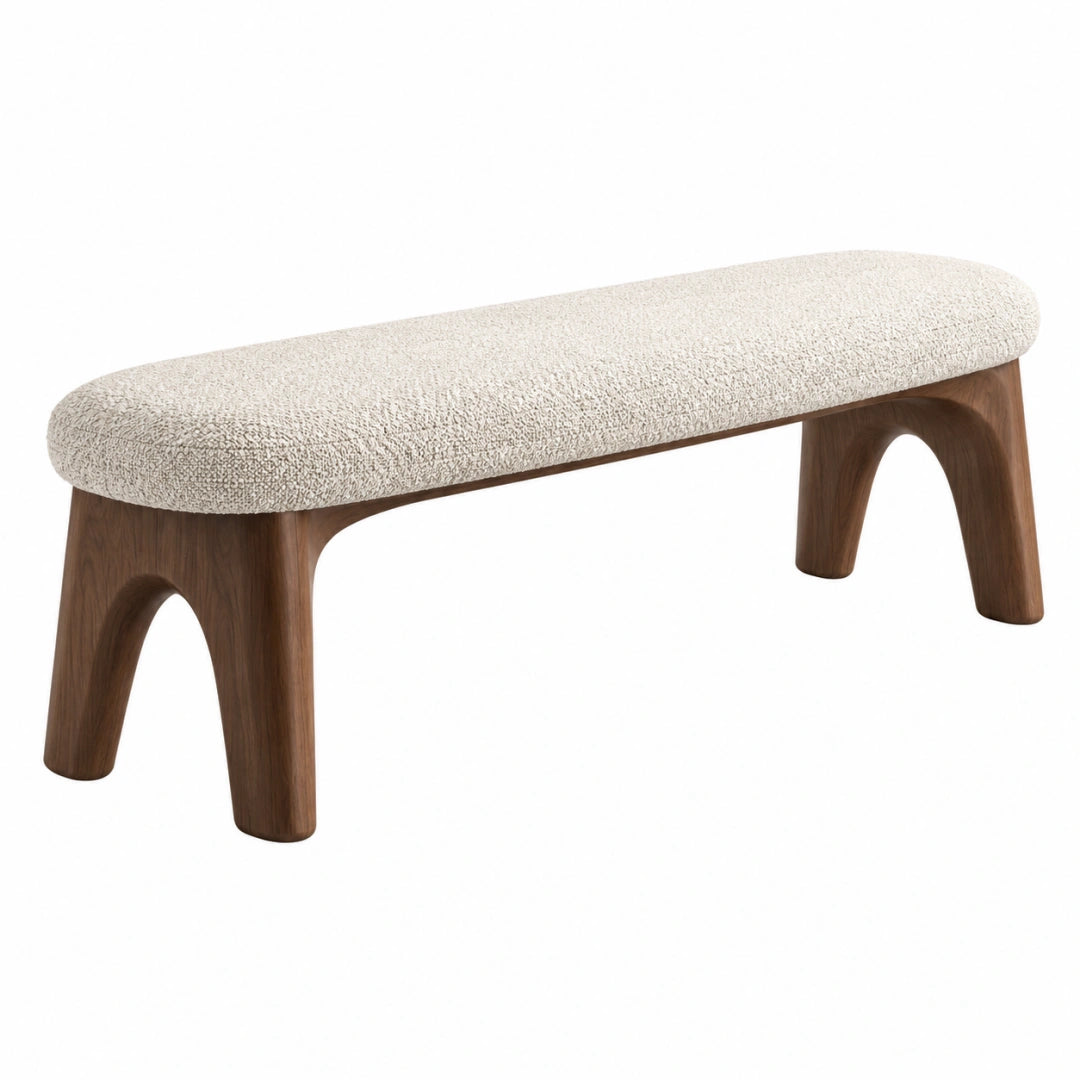 Banc 120 x 40 x 45 cm en bois brun avec assise bouclette écrue style contemporain