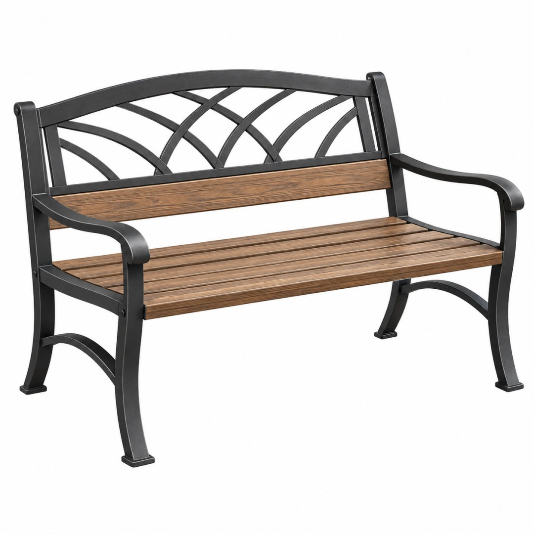 Banc de jardin 122 x 63 x 89 cm en métal et bois marron noir à dossier décoratif