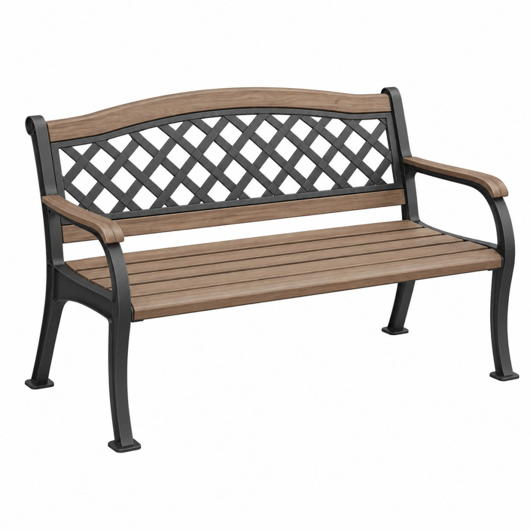 Banc de jardin 122 cm acier et plastique marron noir style classique à dossier ajouré