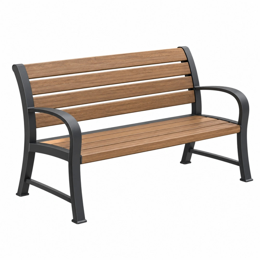 Banc de jardin 125 cm en métal noir et lattes aspect bois marron avec accoudoirs
