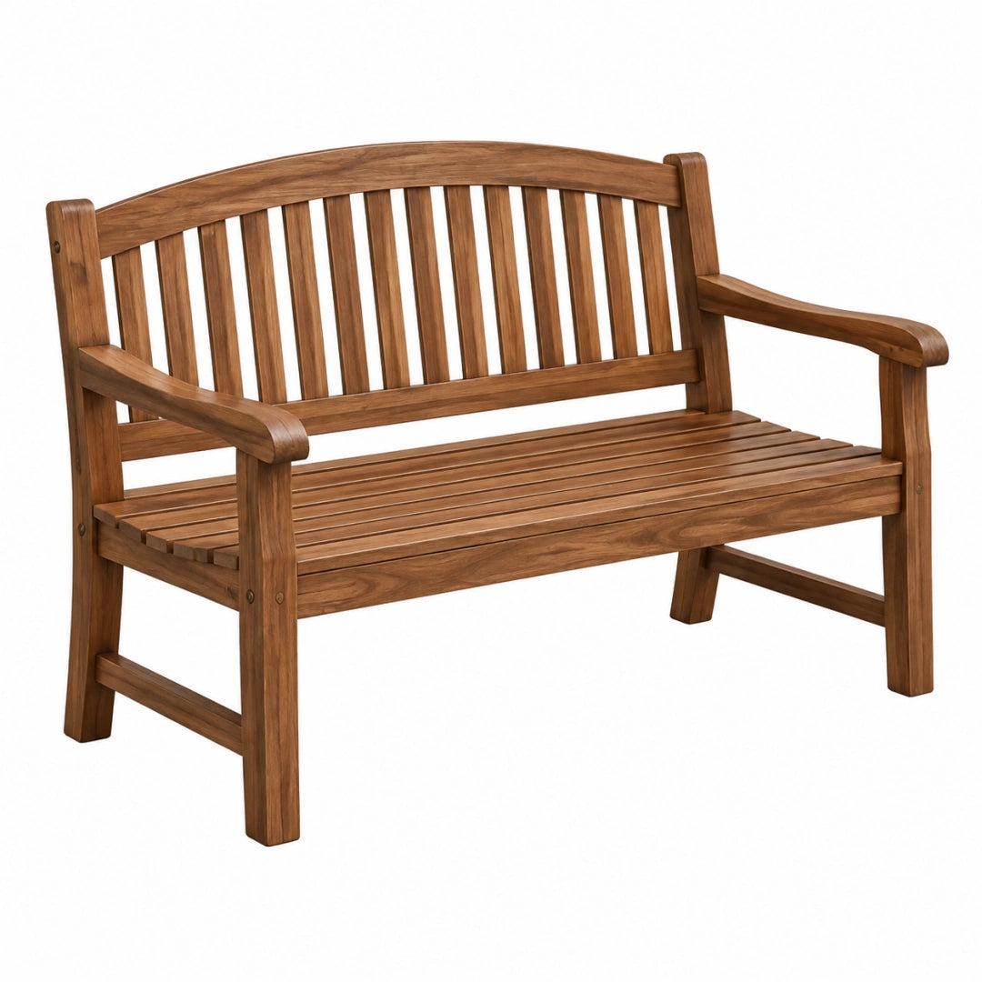 Banc de jardin 120 cm en bois marron à dossier incurvé