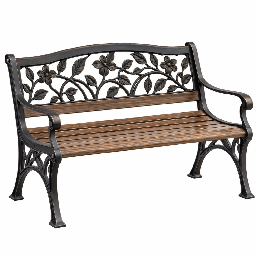 Banc de jardin 122 cm en métal noir et brun à dossier floral