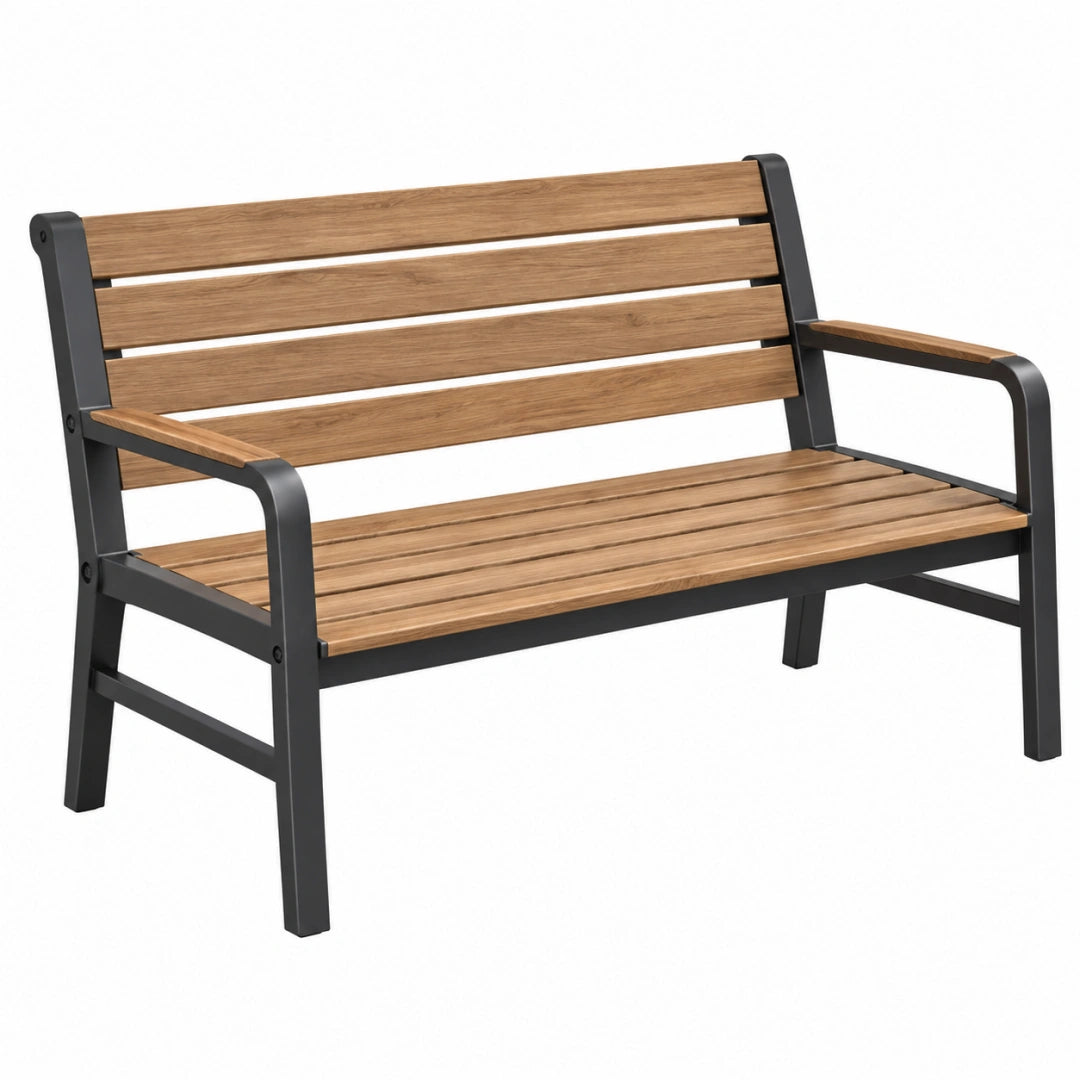 Banc de jardin 122 cm en bois et métal marron noir avec accoudoirs