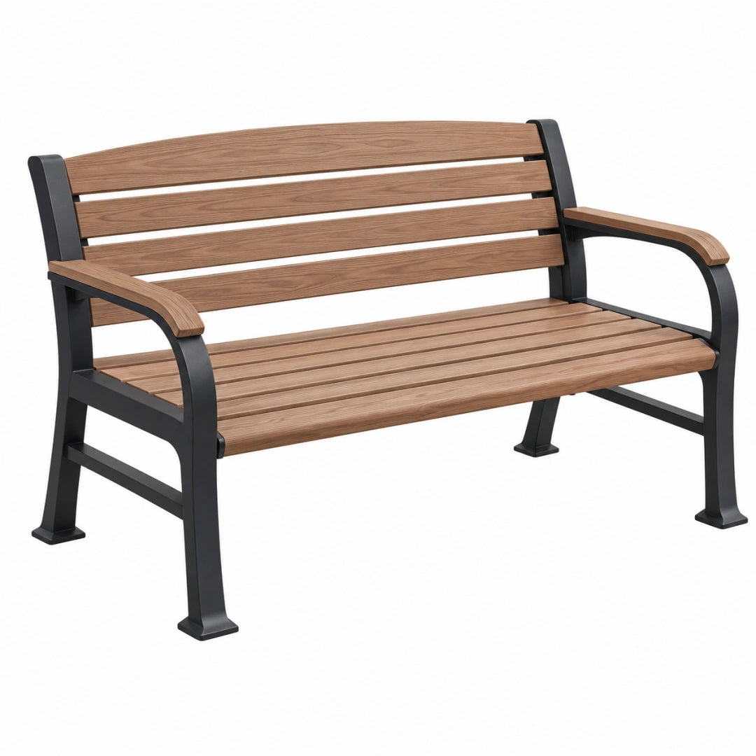 Banc de jardin 125 cm métal noir et lattes aspect bois style contemporain